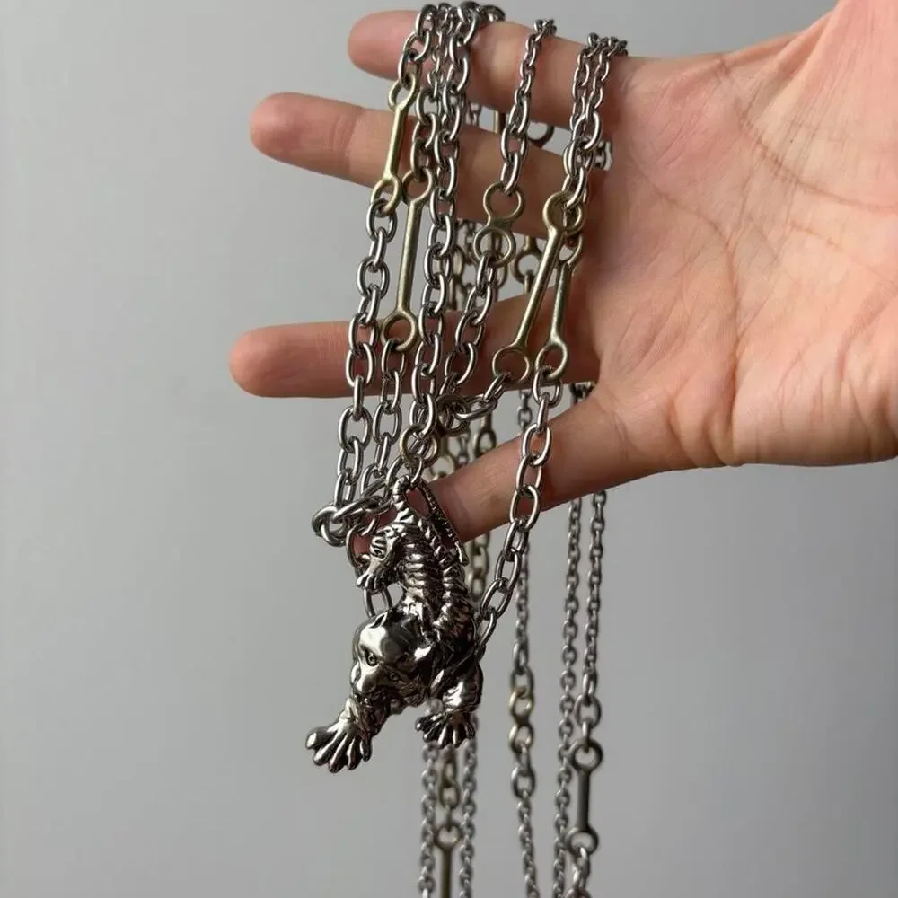 Vintage Multi-layered chain necklace w/unique panther pendant, Silver/Gold